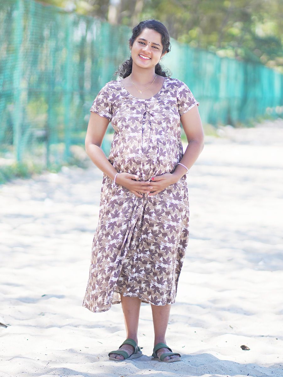Maternity Short Night Gown- (Brown Prints)