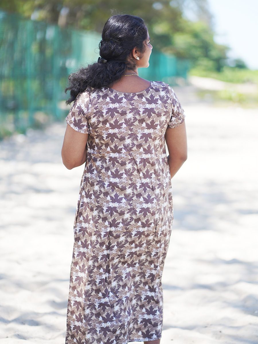 Maternity Short Night Gown- (Brown Prints)