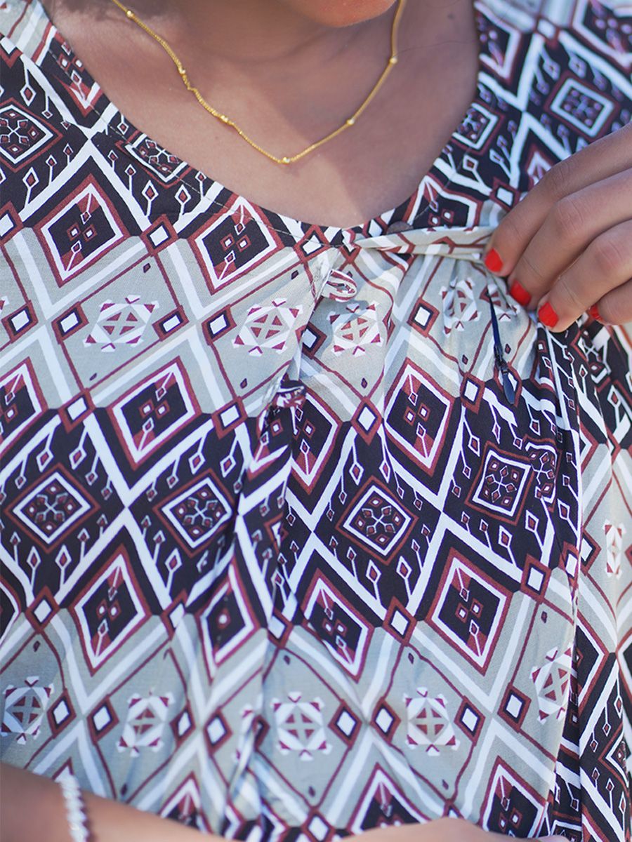 Maternity Short Night Gown- (Black Prints)