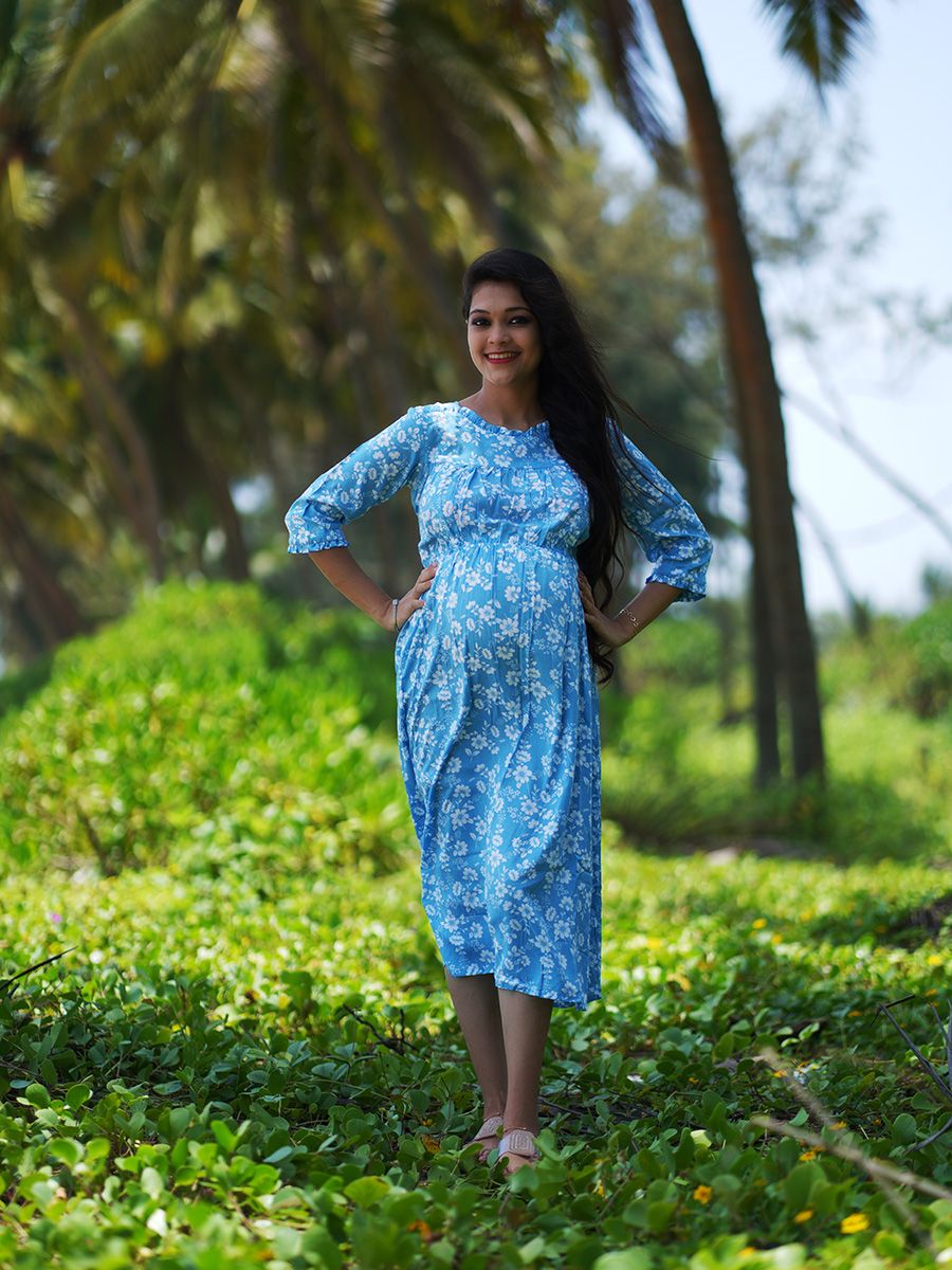 Maternity short Dress- L Blue floral