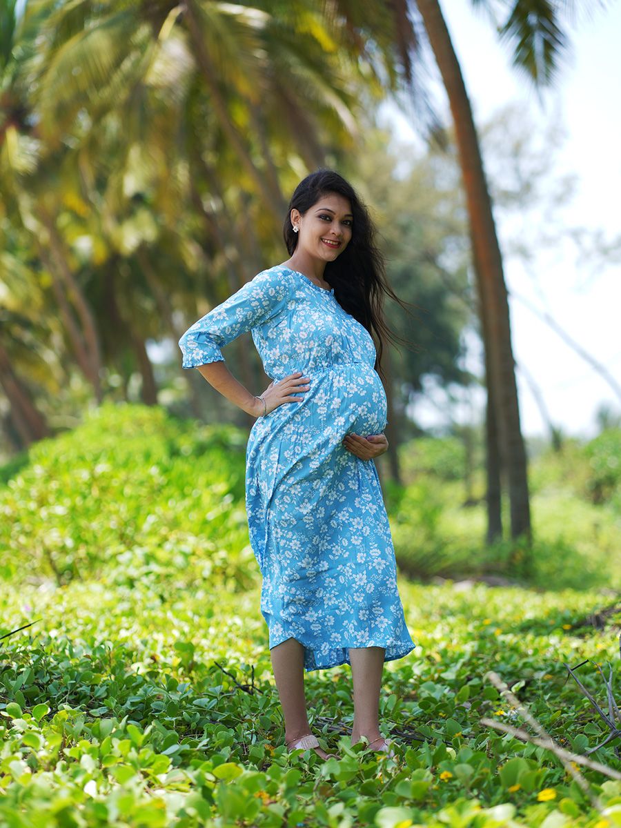 Maternity short Dress- L Blue floral