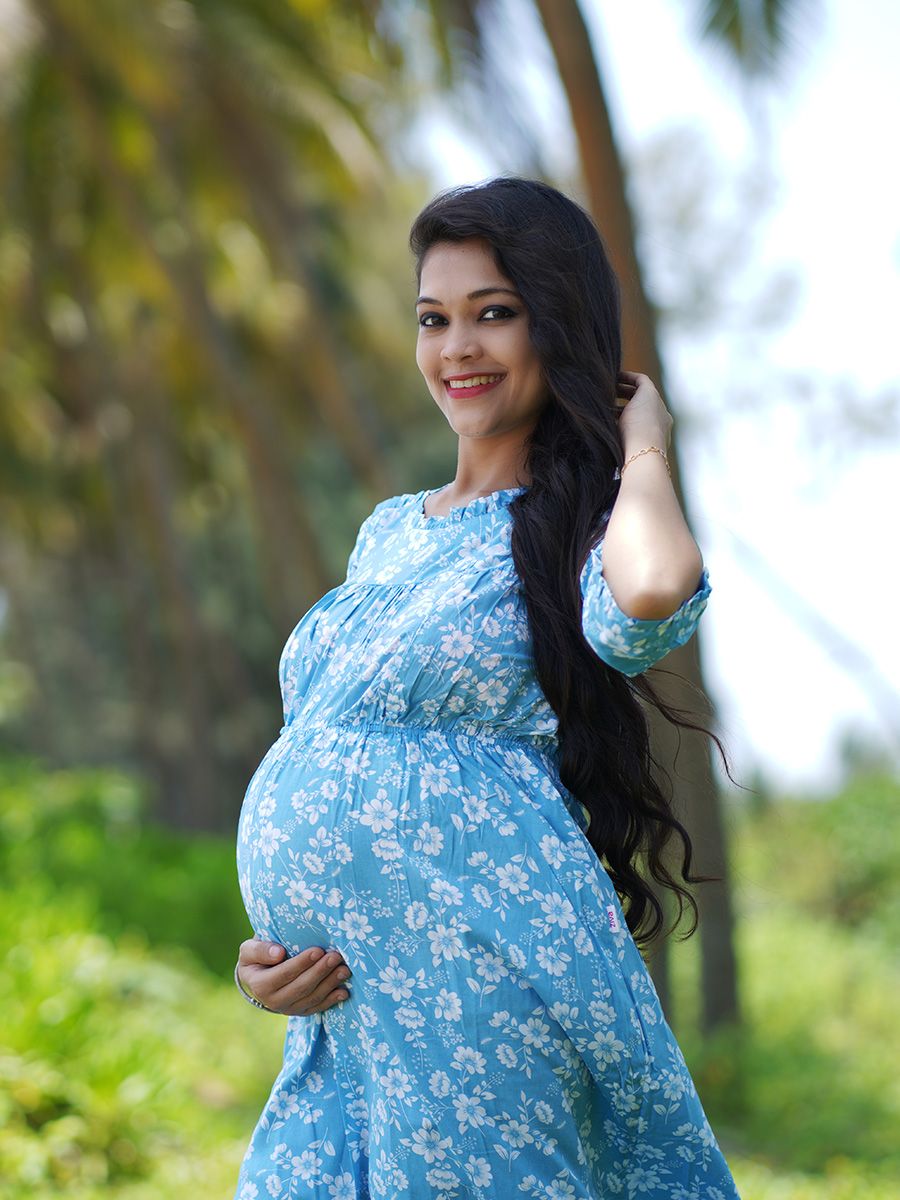 Maternity short Dress- L Blue floral