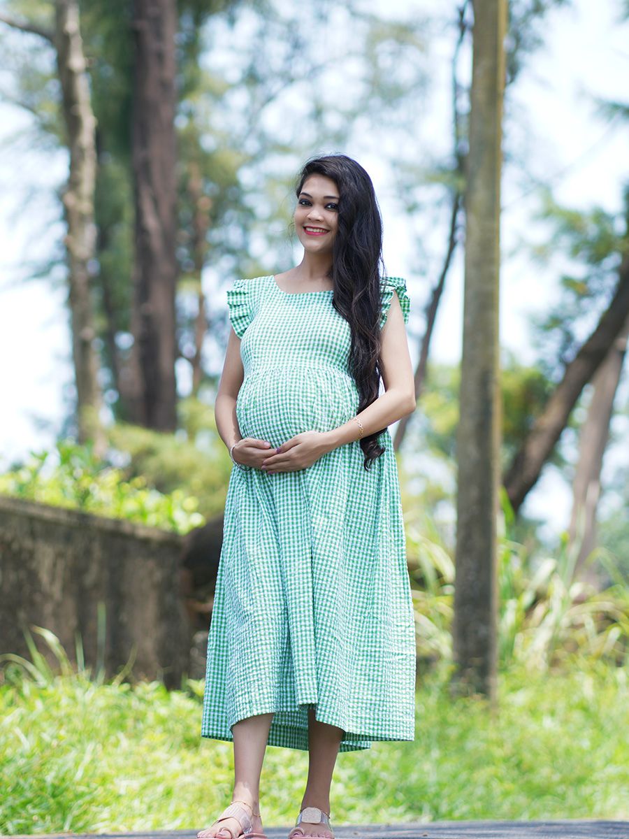 Maternity Short Dress- Checks (Green)