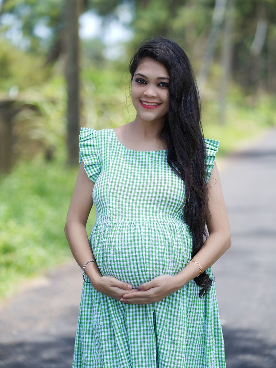 Maternity Short Dress- Checks (Green)