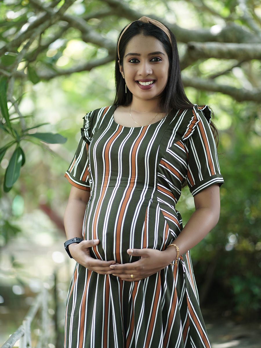Maternity Short Dress- Lines (Dark Green)