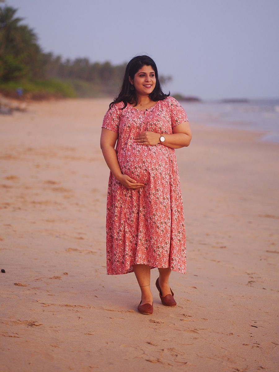 Maternity Short Night Gown- peach floral