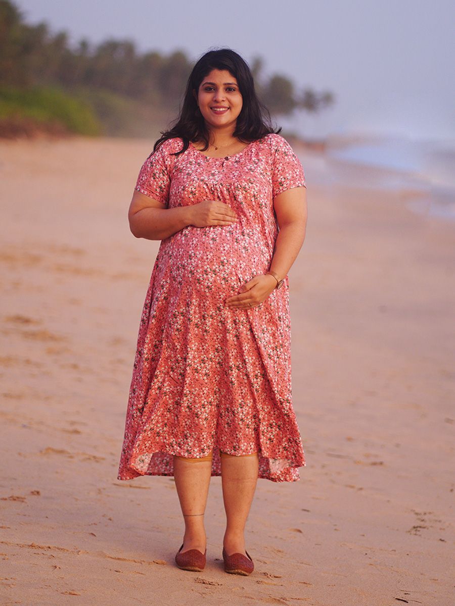 Maternity Short Night Gown- peach floral