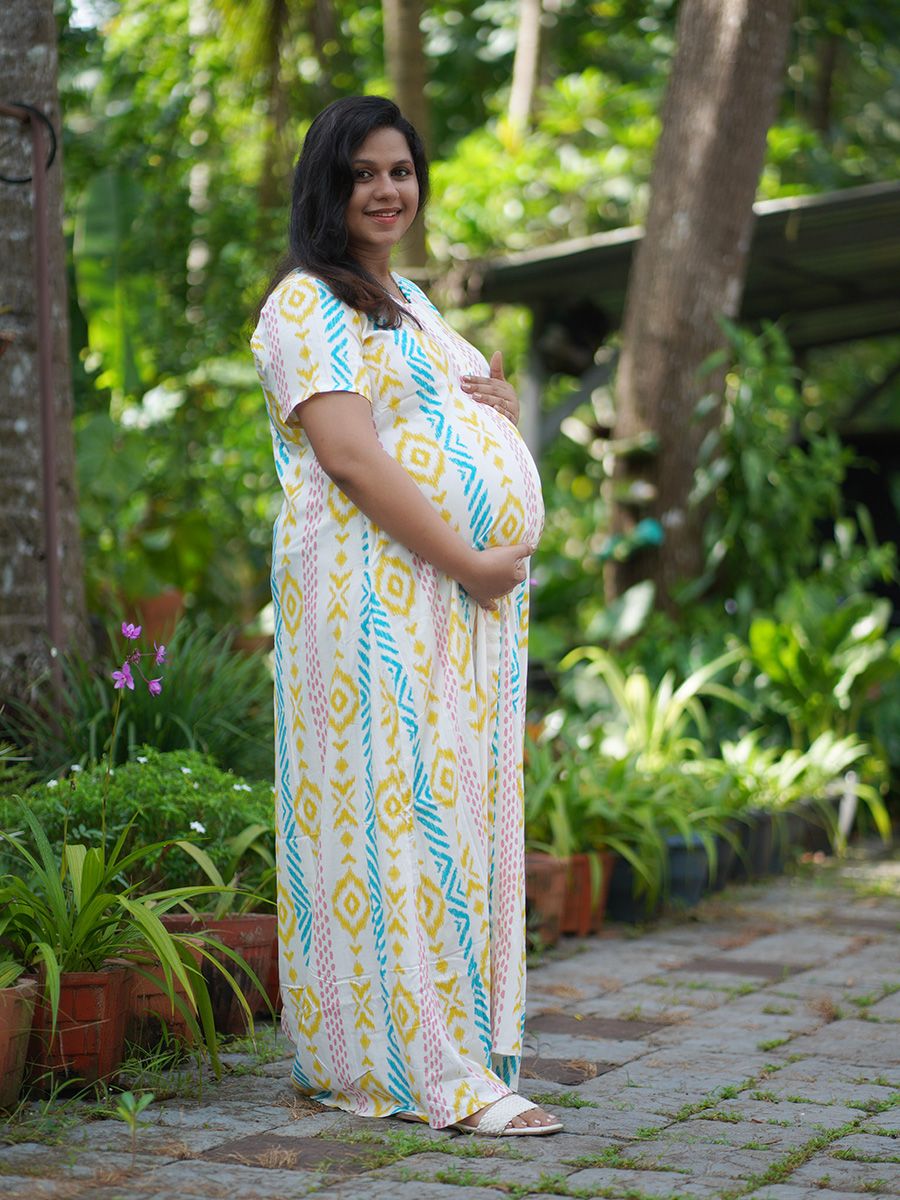 Maternity Full Night Gown- Offwhite Prints