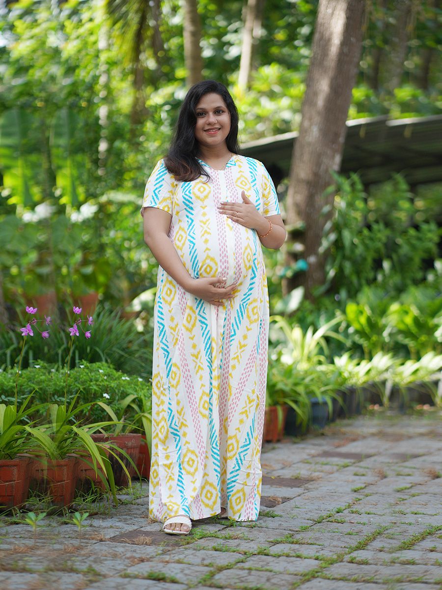 Maternity Full Night Gown- Offwhite Prints