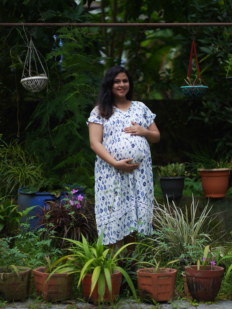 Maternity Short Night Gown- (print Blue)