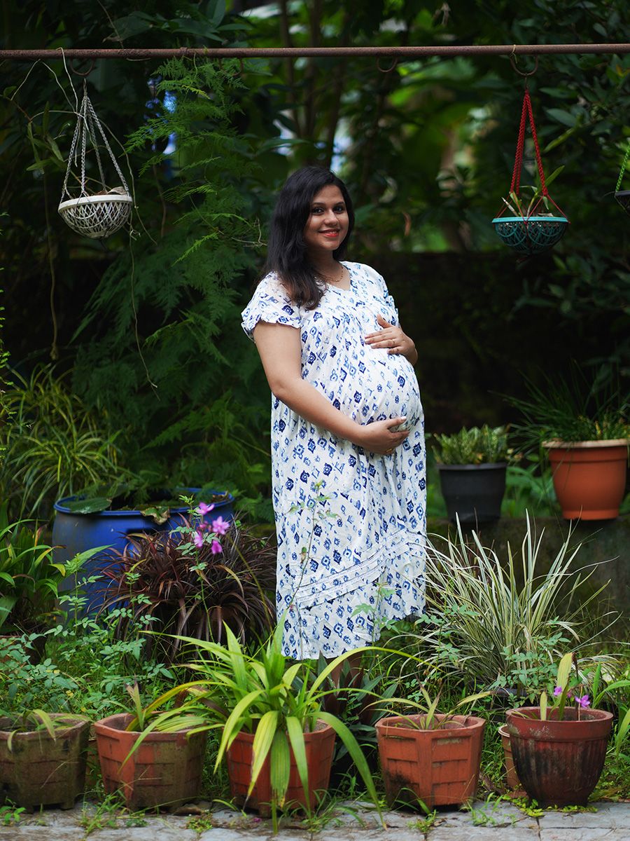 Maternity Short Night Gown- (print Blue)