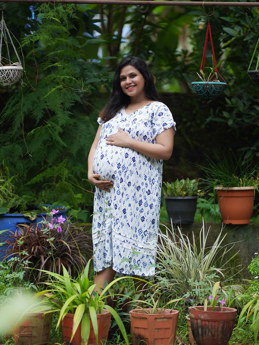 Maternity Short Night Gown- (print Blue)
