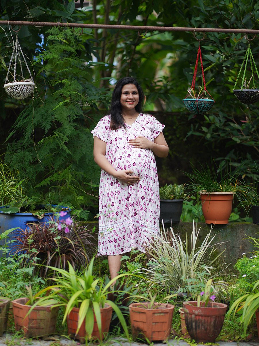 Maternity Short Night Gown- (print Pink)