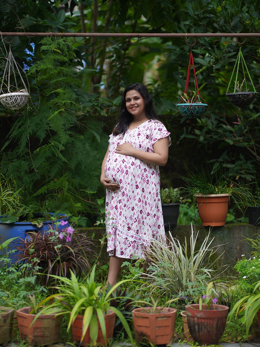 Maternity Short Night Gown- (print Pink)