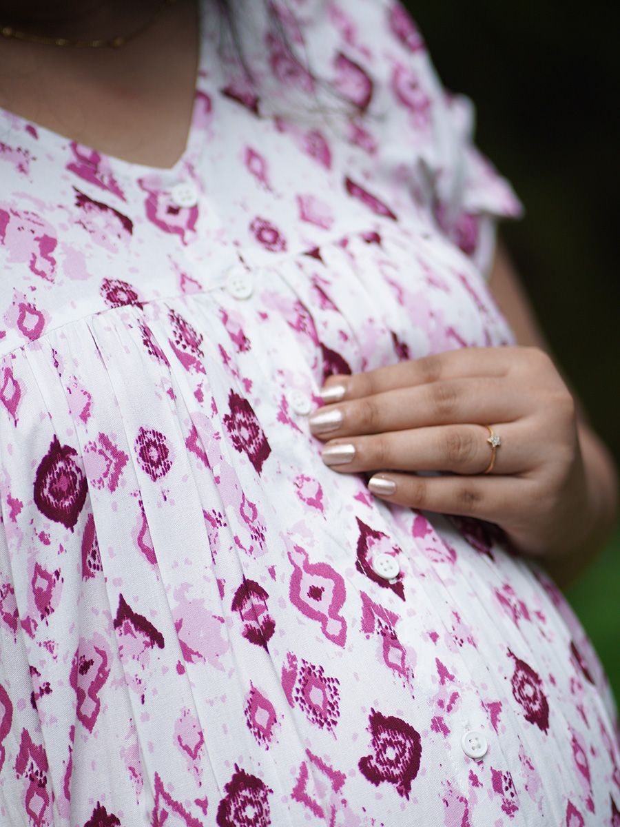 Maternity Short Night Gown- (print Pink)