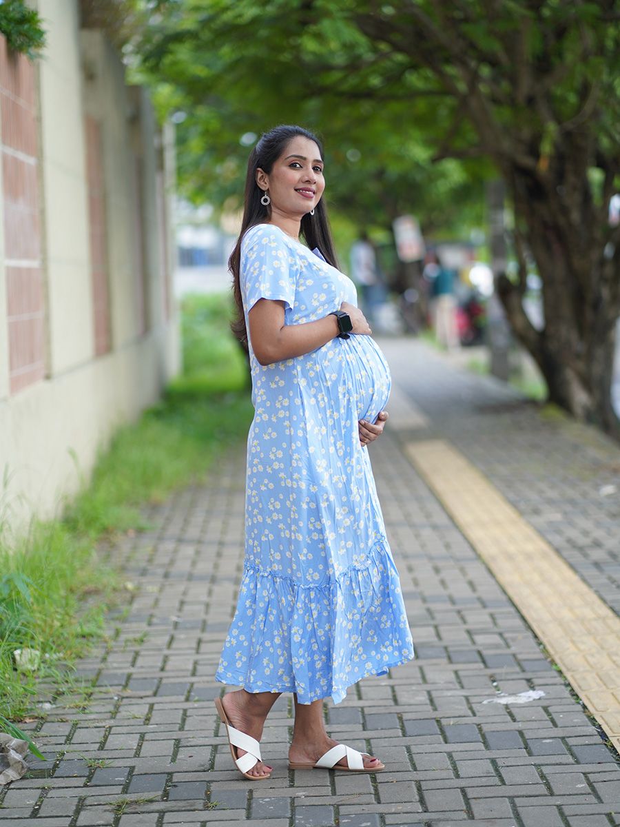 Maternity Short Dress- Floral (Blue)