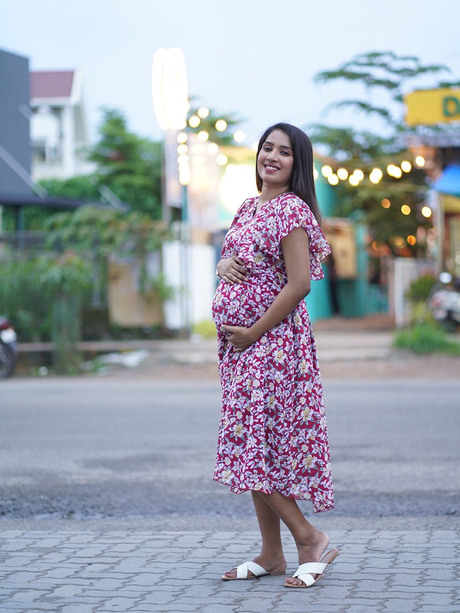 Maternity Short Dress- Floral (Brown)