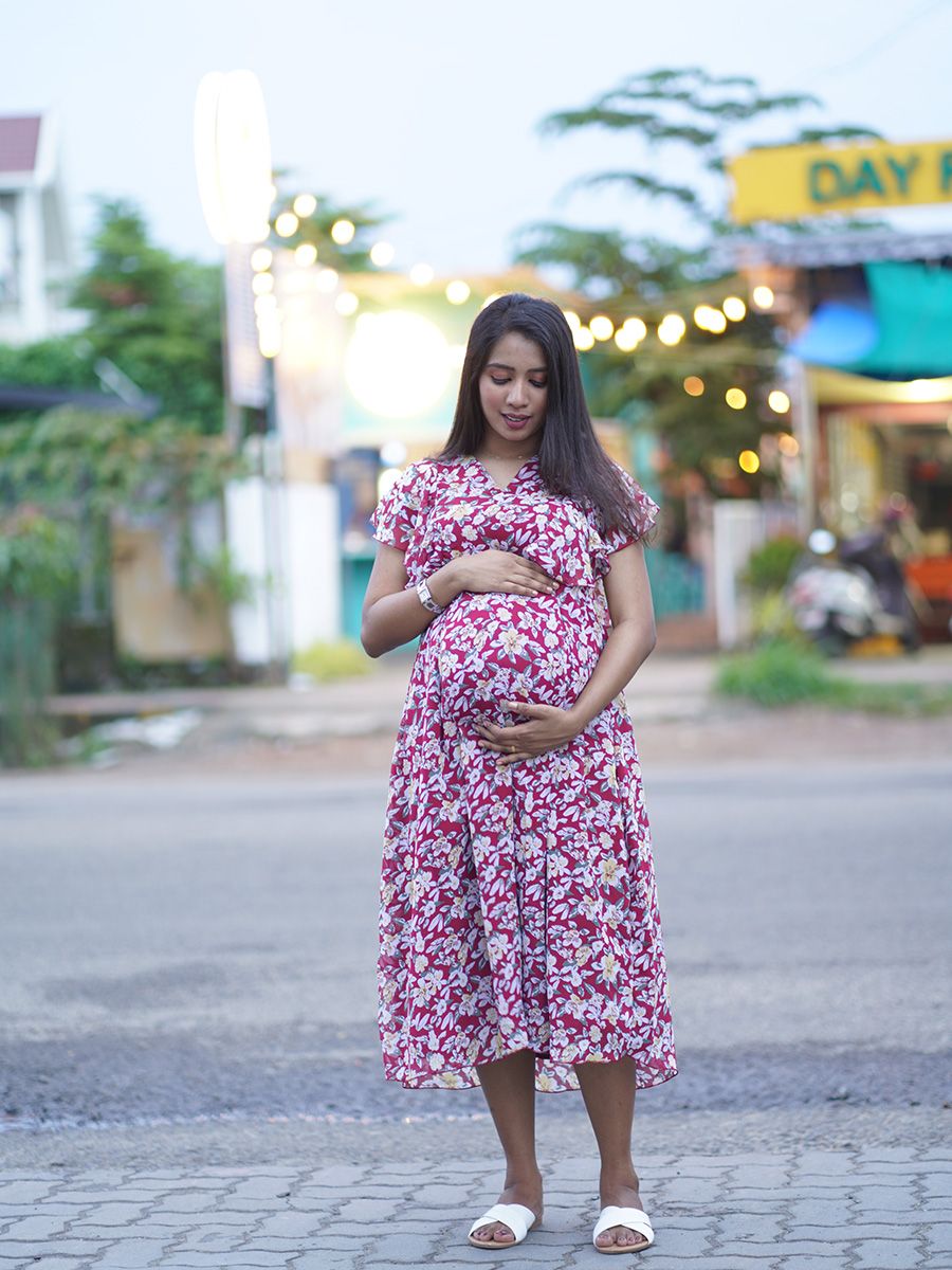 Maternity Short Dress- Floral (Brown)