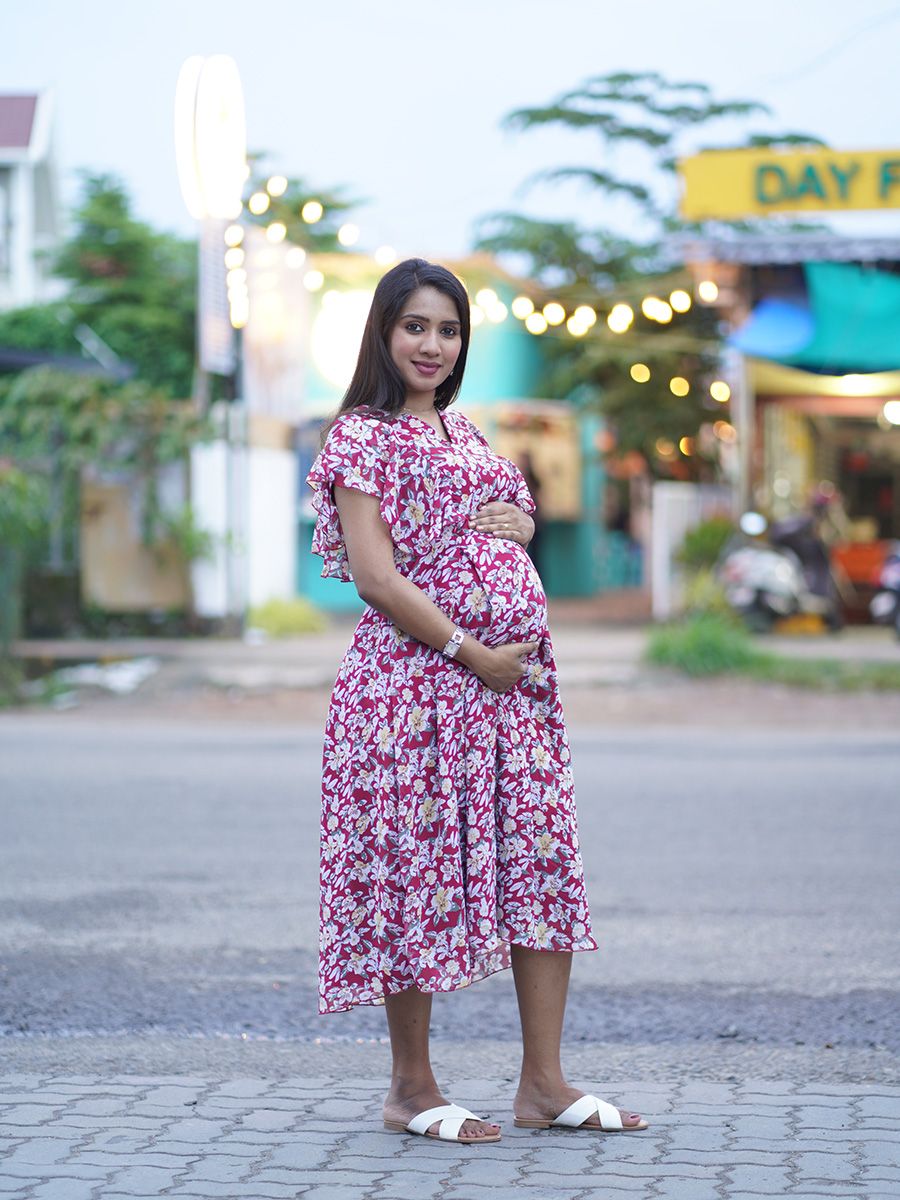 Maternity Short Dress- Floral (Brown)