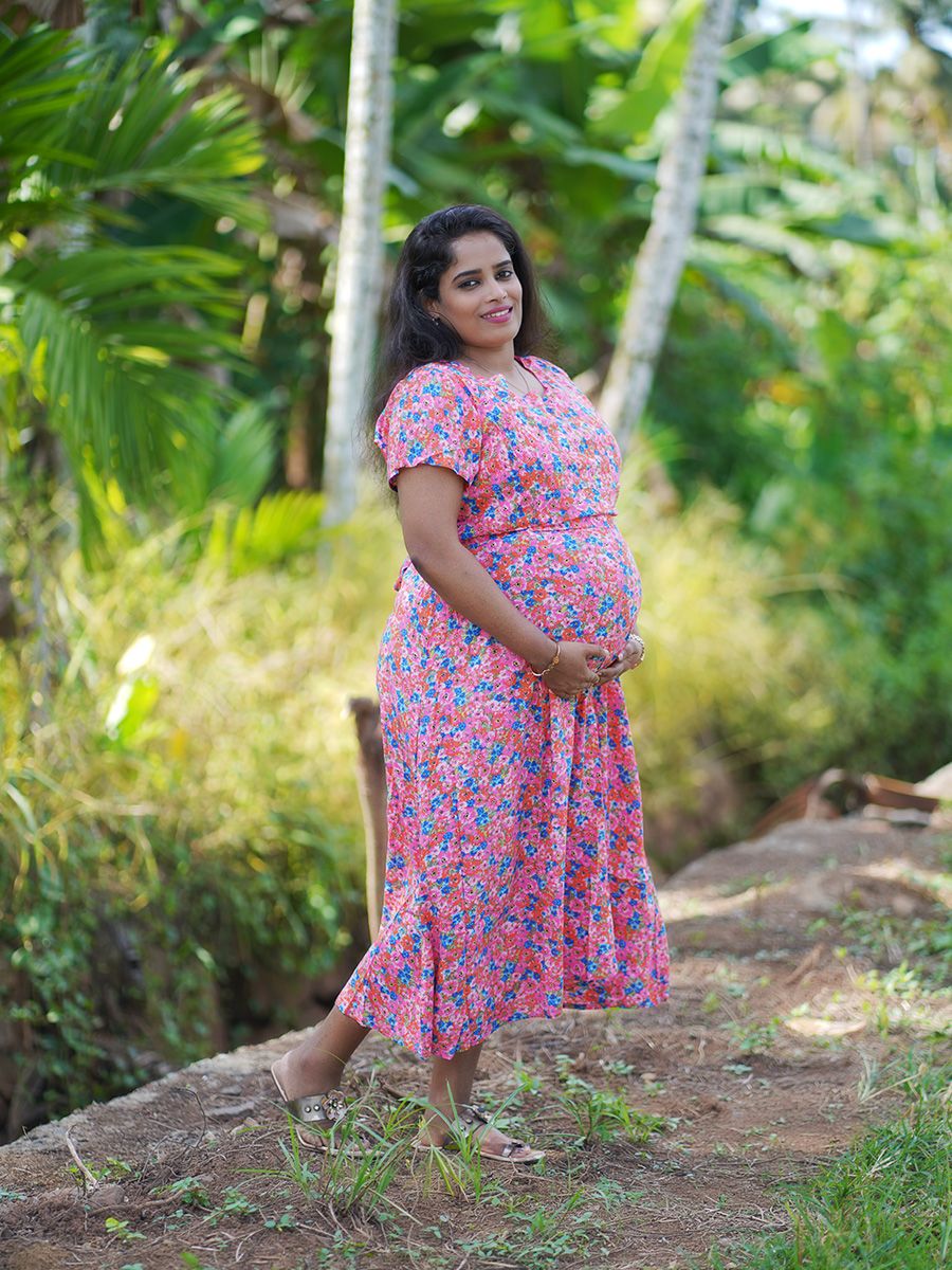 Maternity Short Night Gown-floral pink