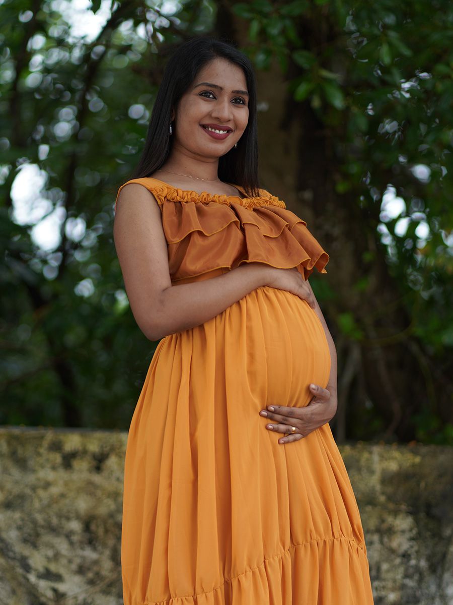 maternity dress mustard yellow Angel Maternity Chelsea Maternity Ruffled Maxi Dress in Yellow Animal Print
