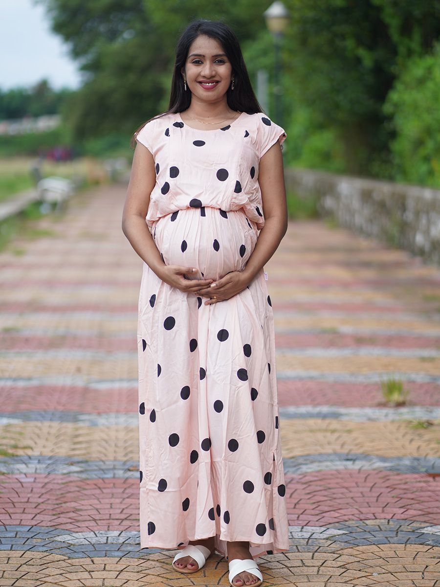 Maternity Full Gown- Polka Dot   (Peach)