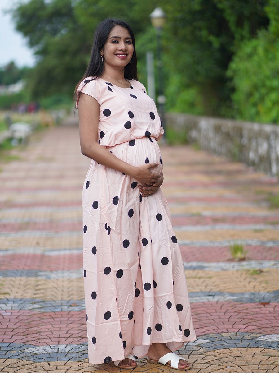 Maternity Full Gown- Polka Dot   (Peach)