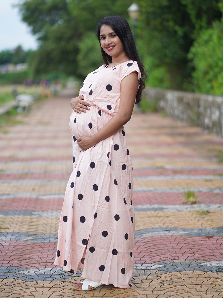 Maternity Full Gown- Polka Dot   (Peach)