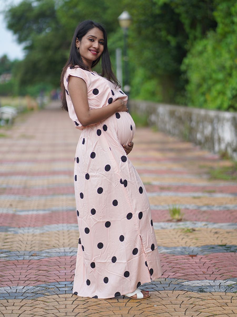Maternity Full Gown- Polka Dot   (Peach)