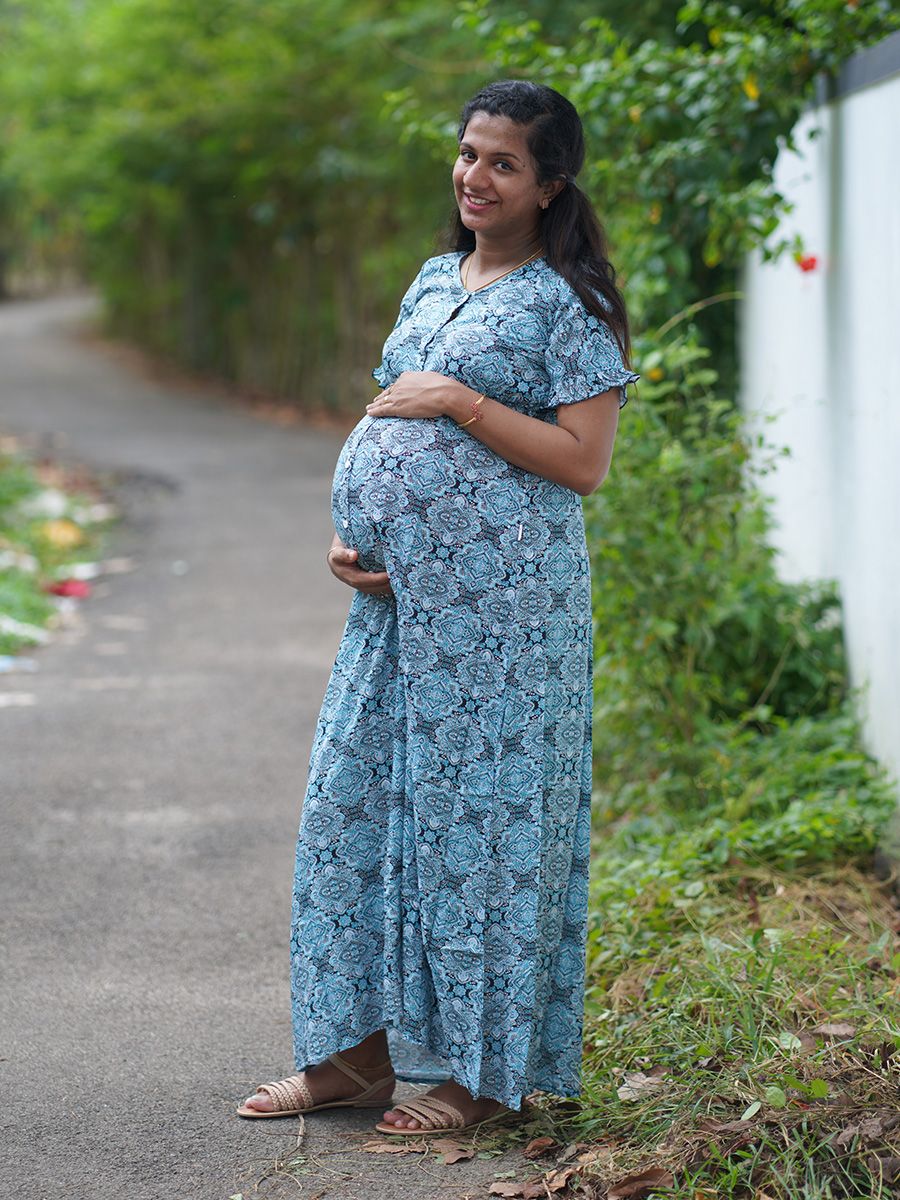 Maternity Full Night Gown- Nima Blue