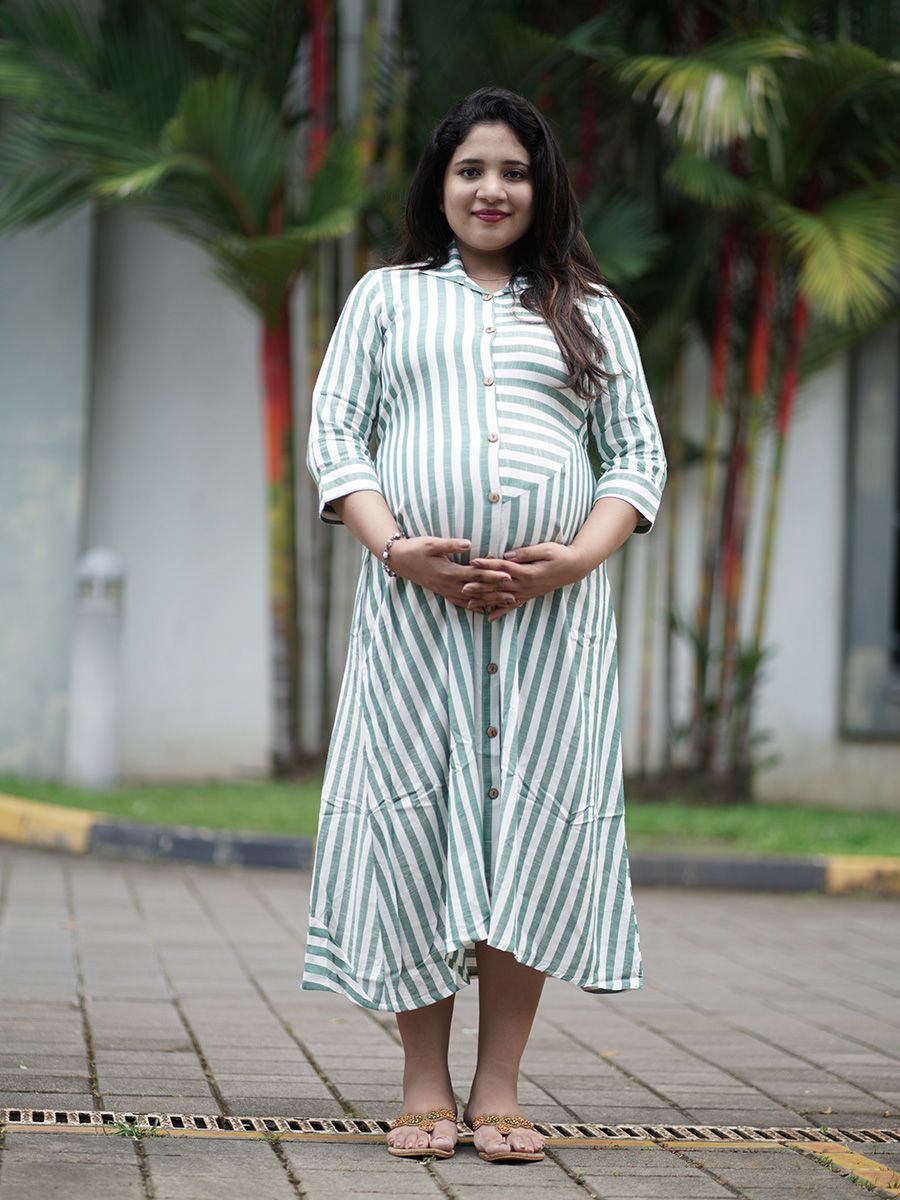 Maternity Short Dress- Lines (Green)