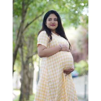 Maternity Short Night Gown- Checks (Yellow)