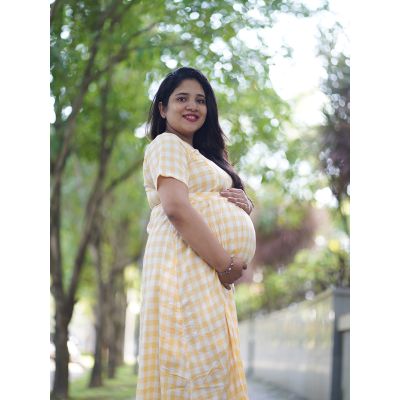 Maternity Short Night Gown- Checks (Yellow)