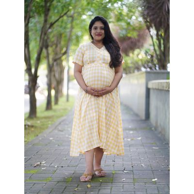 Maternity Short Night Gown- Checks (Yellow)