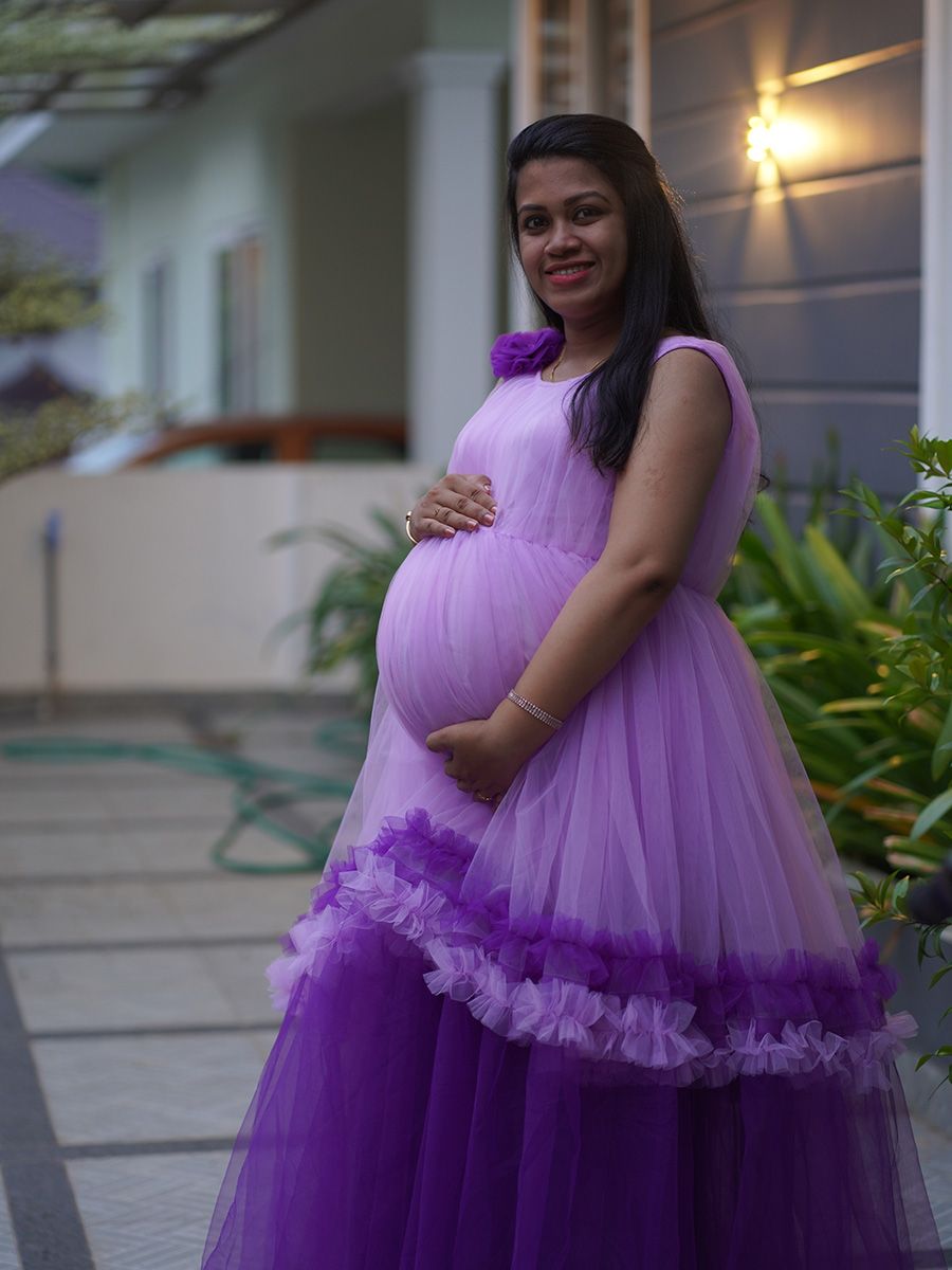 purple baby shower dress Lilac Maternity Gown, Asymmetric & One Shoulder, Shower, pregnant Guest Chic Bump Club Party Style PinkBlush Lavender Lace Mesh Overlay