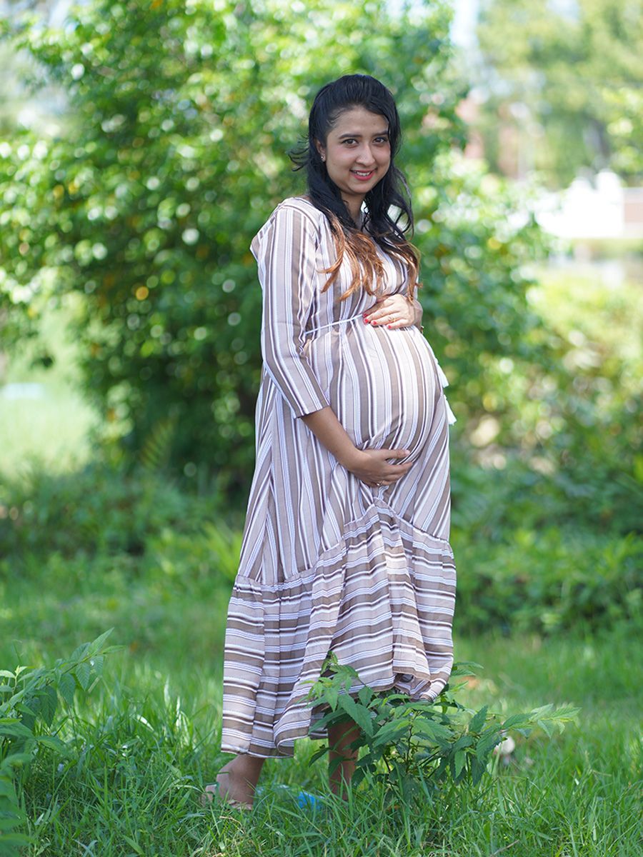 Maternity short Dress Lines (Light Brown)