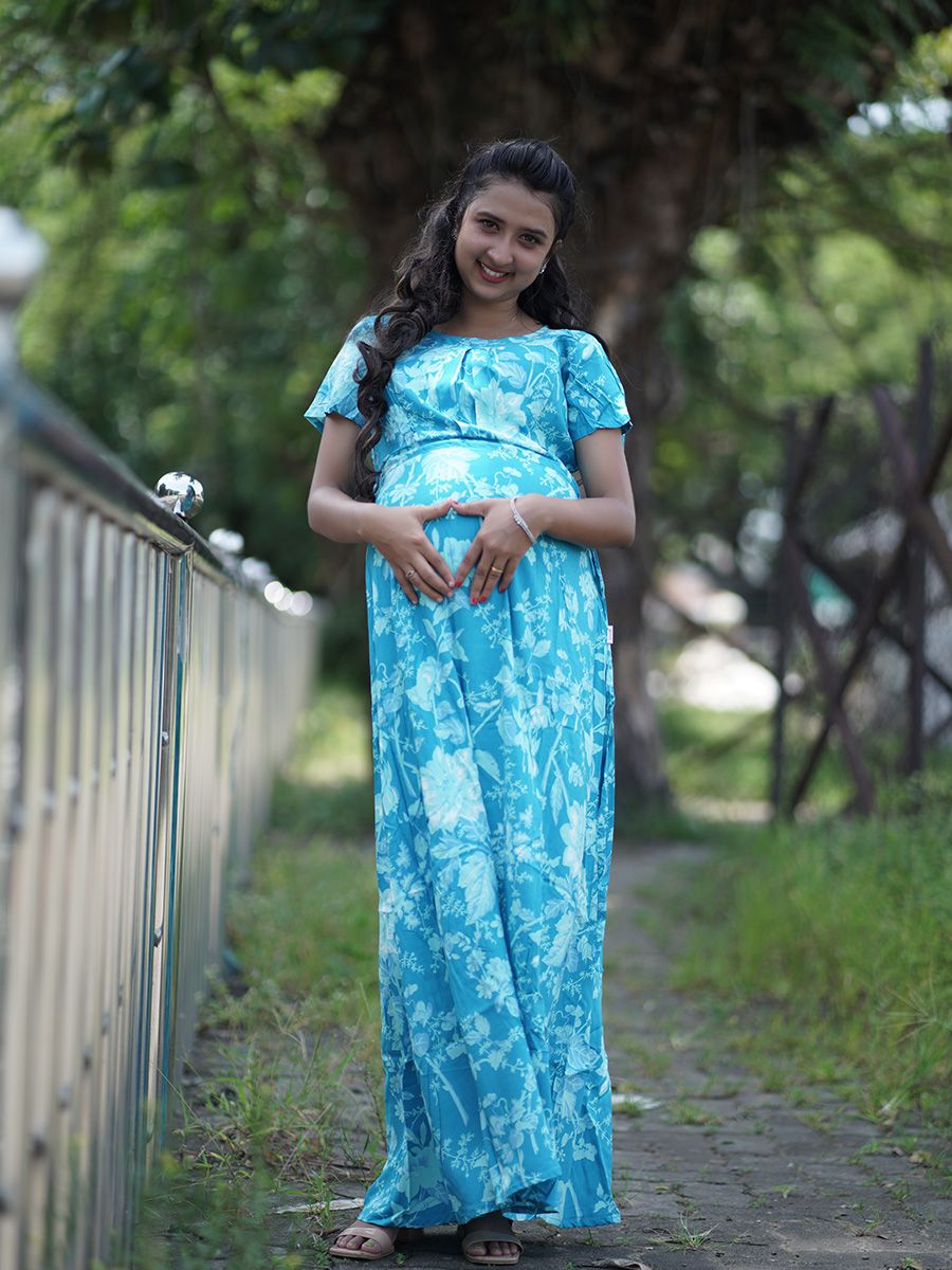 Maternity Full Night Gown-  Floral (blue)