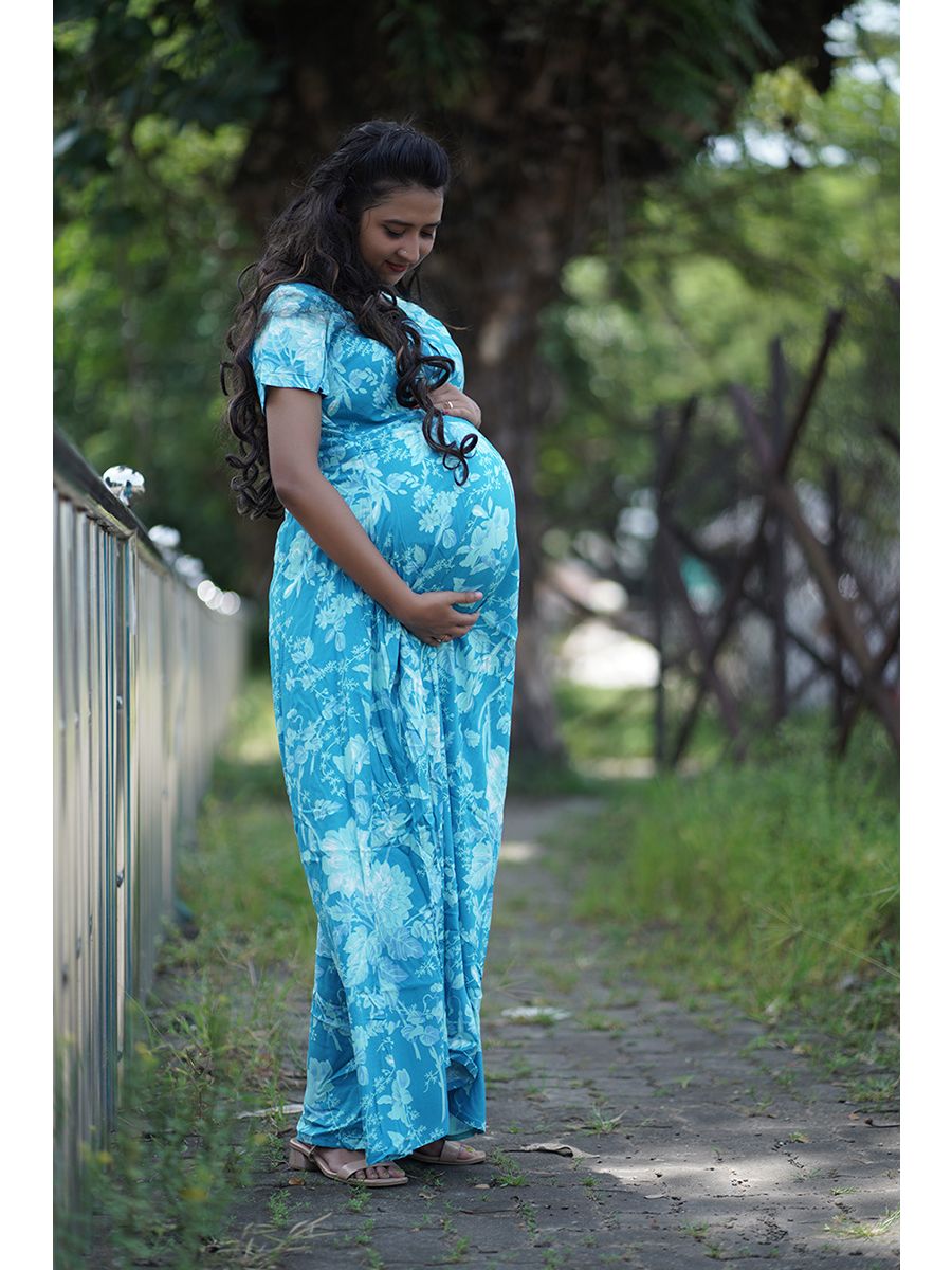 Maternity Full Night Gown-  Floral (blue)
