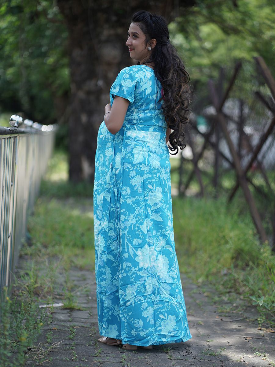 Maternity Full Night Gown-  Floral (blue)