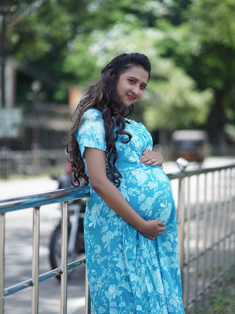 Maternity Full Night Gown-  Floral (blue)