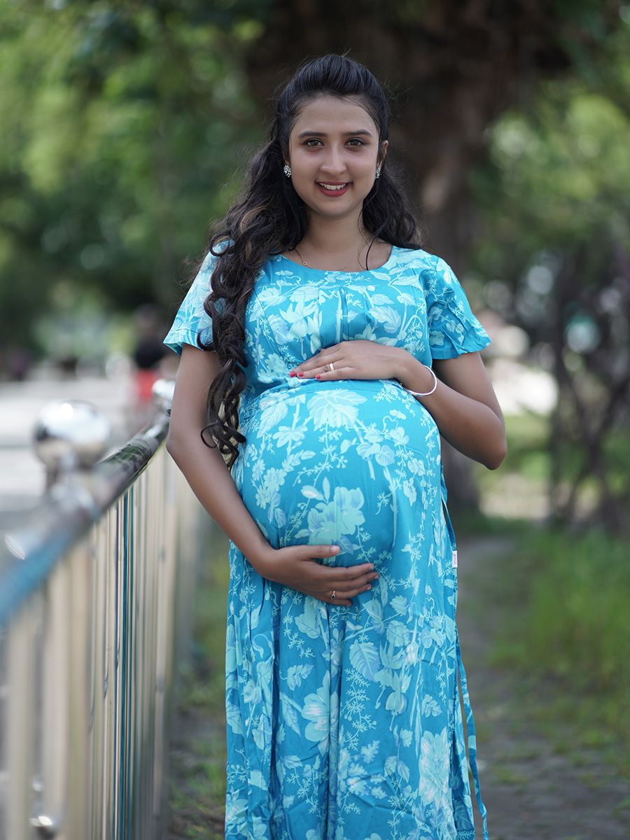 Maternity Full Night Gown-  Floral (blue)