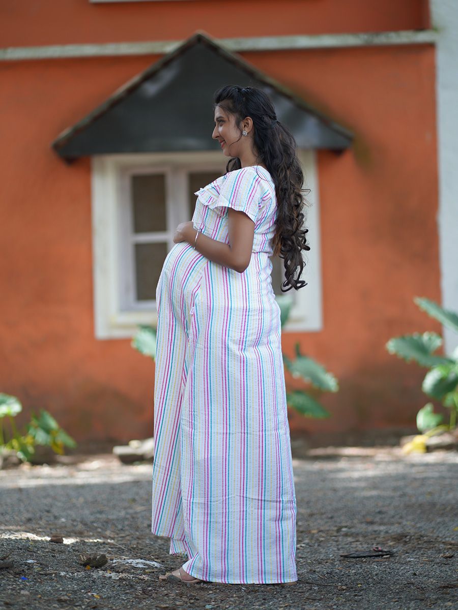 Maternity Full Night Gown-  (White- lines)