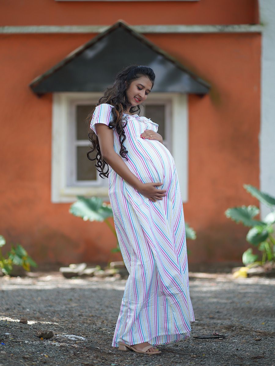 Maternity Full Night Gown-  (White- lines)