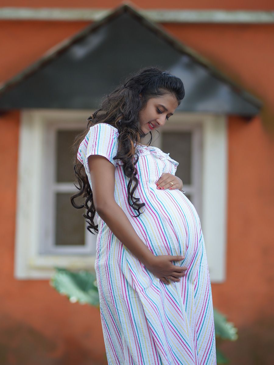 Maternity Full Night Gown-  (White- lines)