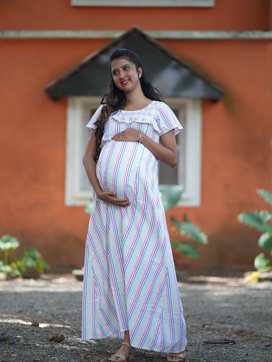 Maternity Full Night Gown-  (White- lines)
