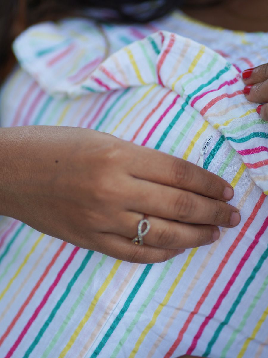 Maternity Full Night Gown-  (White- lines)