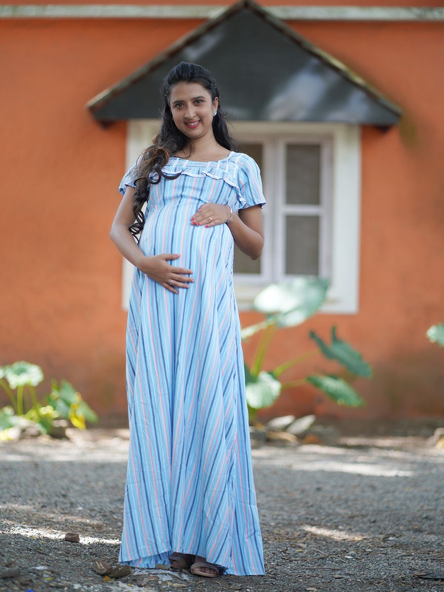 Maternity Full Night Gown-  (BLUE Lines)