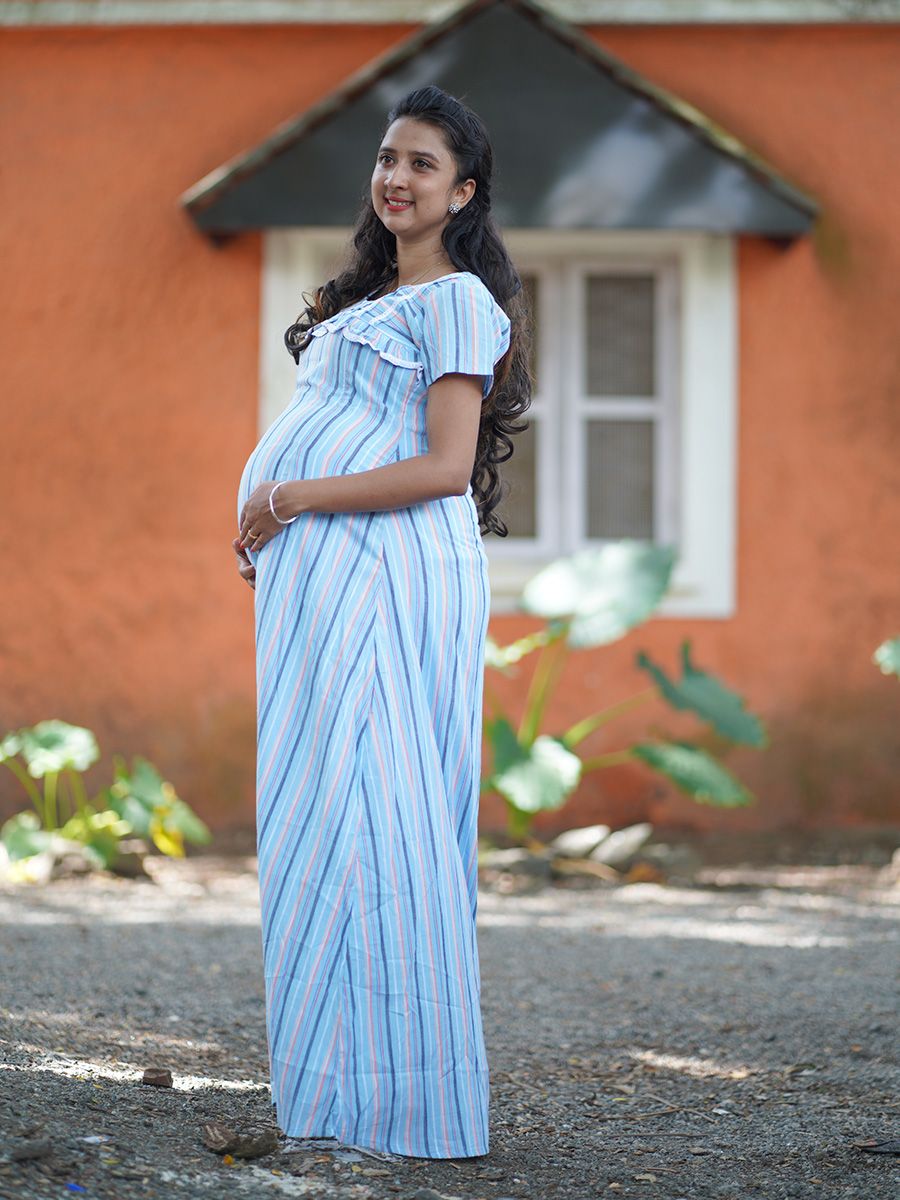 Maternity Full Night Gown-  (BLUE Lines)