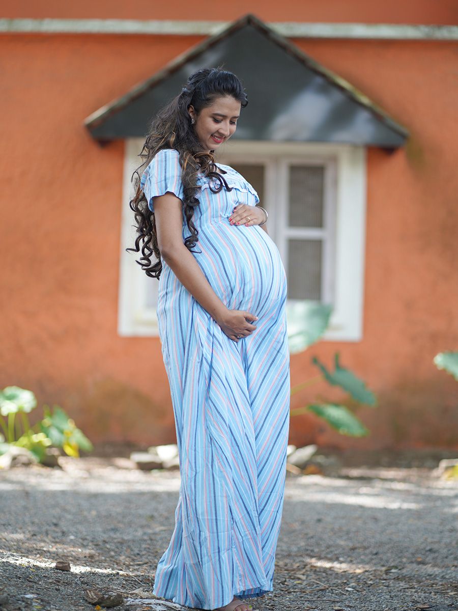 Maternity Full Night Gown-  (BLUE Lines)