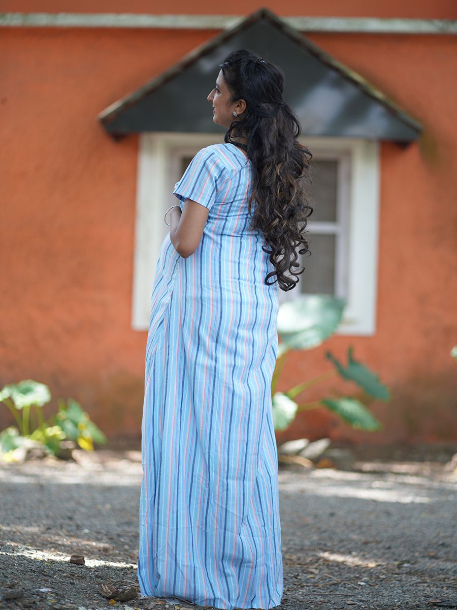 Maternity Full Night Gown-  (BLUE Lines)